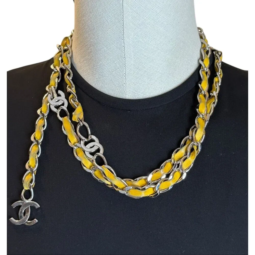Chanel Yellow Lambskin Leather CC Silver Toned Hardware Chain Belt